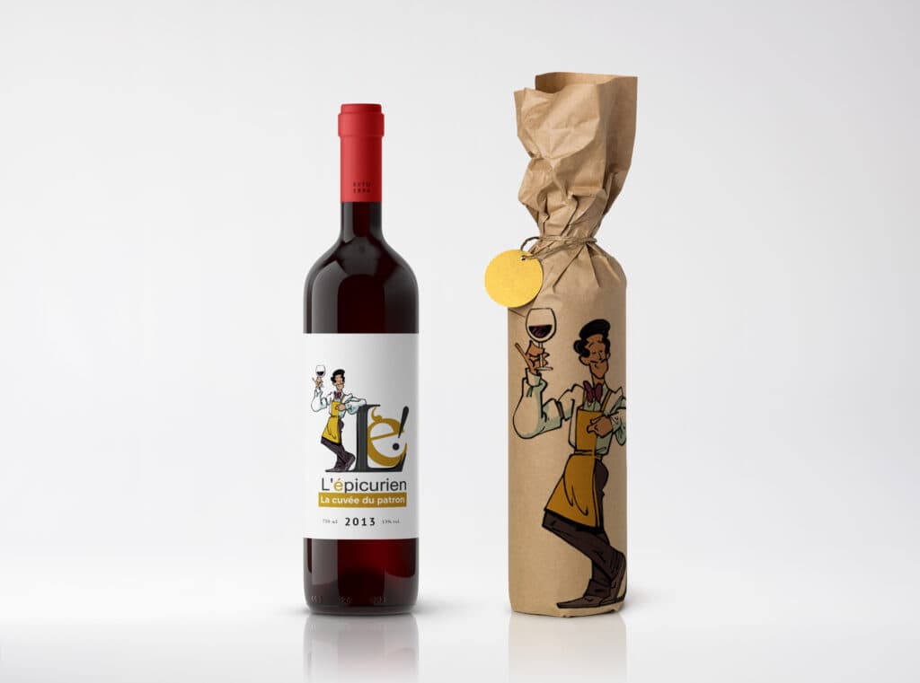 epicurien---emballage-bouteille-kraft----cave-à-vin-épicerie----Rennes---illustration---logo---BD---pictogramme---etiquette