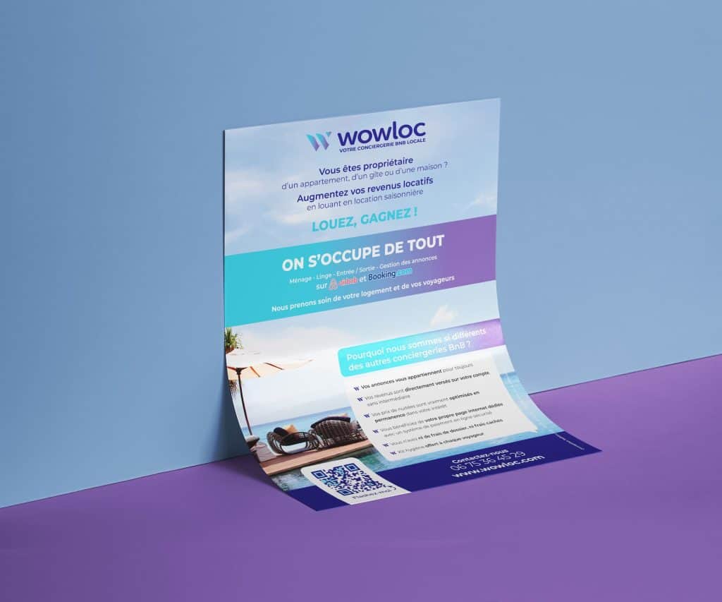 Flyer promotionnel pour Wowloc, spécialiste en gestion locative et services immobiliers, avec un design attrayant et informations clés pour attirer les propriétaires. glossy paper branding scene mockup.png