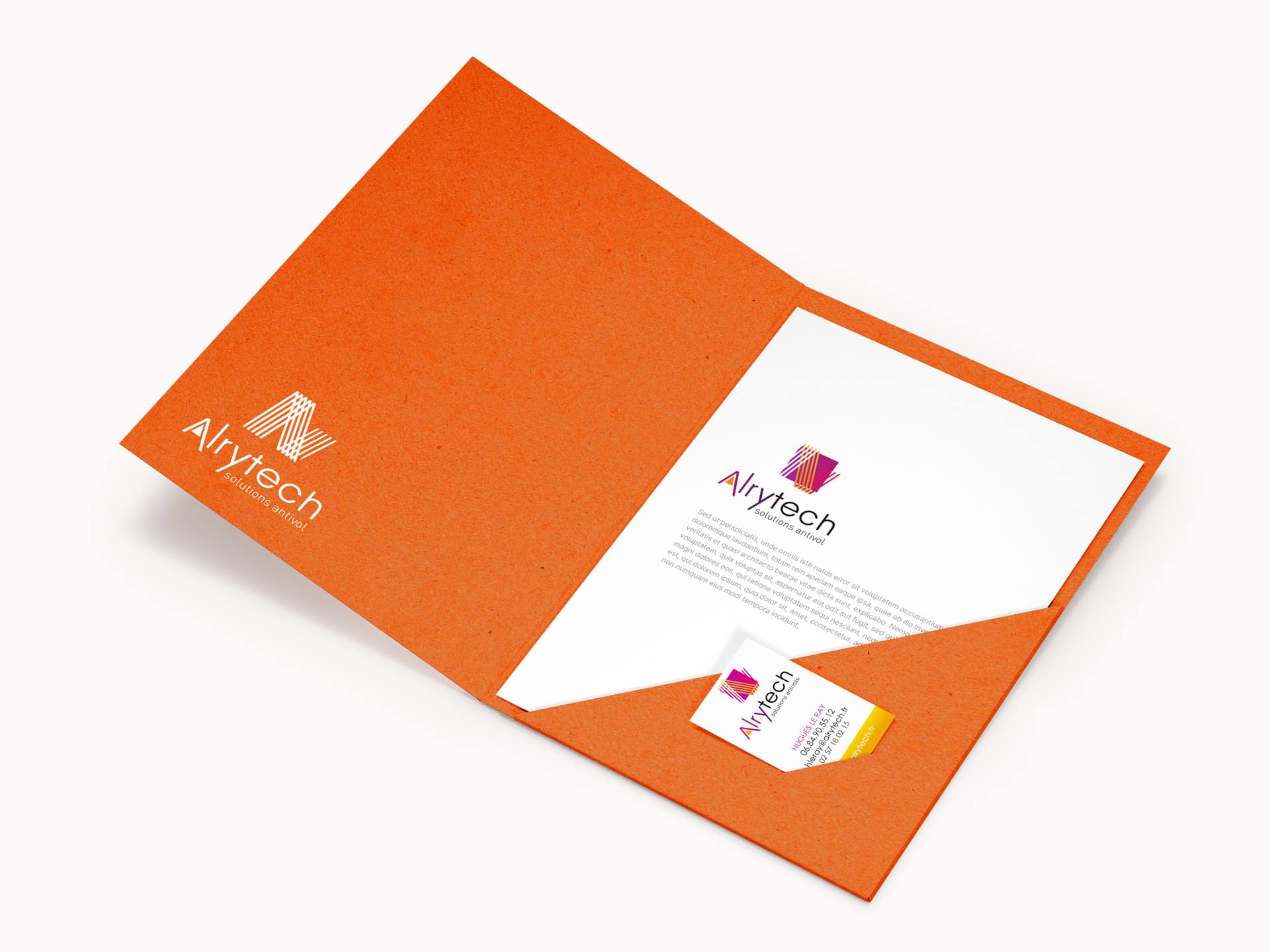 alrytech logo identité visuel entreprise de surveillance antivole télésurveillance carte de visite pochette en papier recyclé cyclus print 